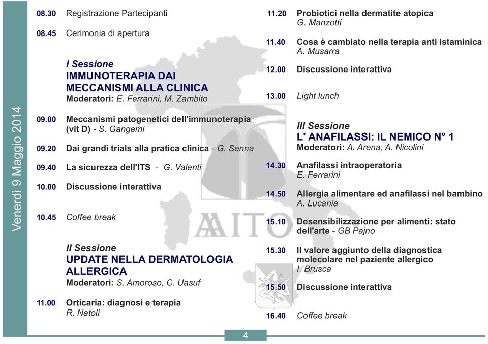 00 Meccanismi patogenetici dell'immunoterapia (vit D) - S. Gangemi 09.20 Dai grandi trials alla pratica clinica - G. Senna 09.40 La sicurezza dell'its - G. Valenti 10.00 Discussione interattiva 10.