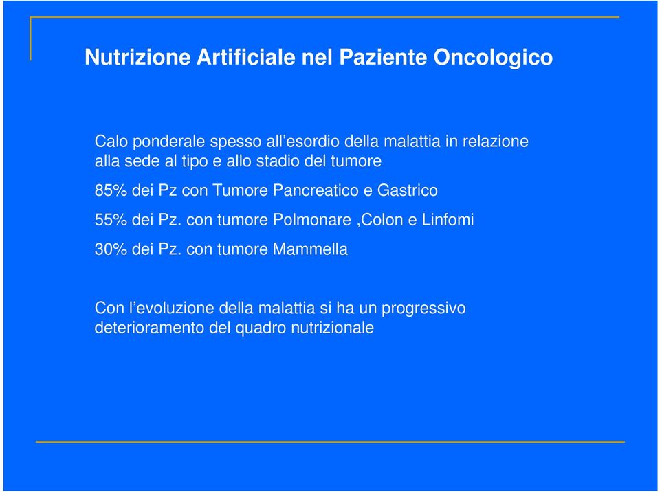 Pancreatico e Gastrico 55% dei Pz. con tumore Polmonare,Colon e Linfomi 30% dei Pz.