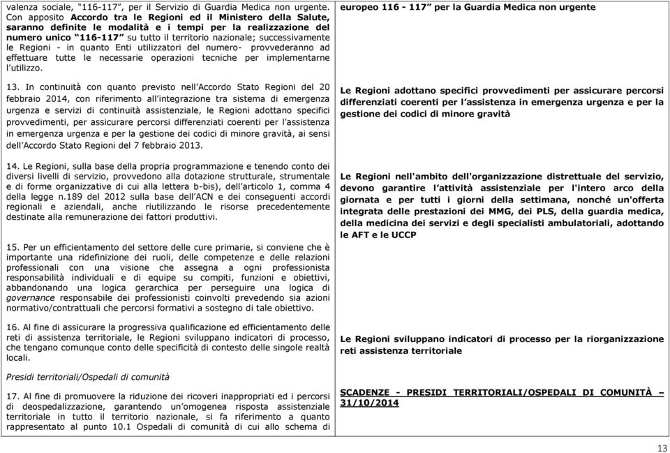 successivamente le Regioni - in quanto Enti utilizzatori del numero- provvederanno ad effettuare tutte le necessarie operazioni tecniche per implementarne l utilizzo. 13.