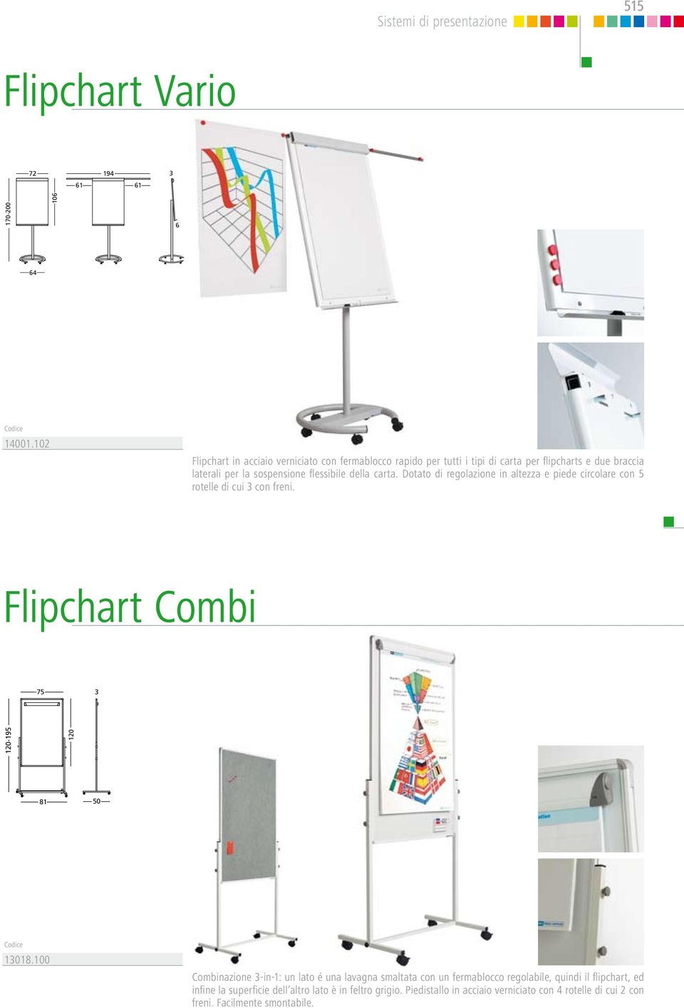 flessibile della carta. Dotato di regolazione in altezza e piede circolare con 5 rotelle di cui 3 con freni. Flipchart Combi 75 3-195 81 50 13018.