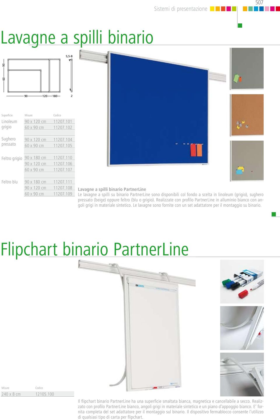 Realizzate con profilo PartnerLine in alluminio bianco con angoli grigi in materiale sintetico. Le lavagne sono fornite con un set adattatore per il montaggio su binario.