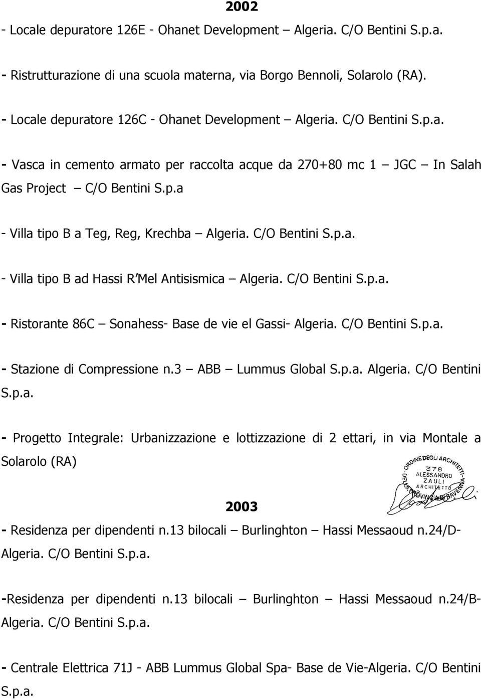 C/O Bentini S.p.a. Ristorante 86C Sonahess Base de vie el Gassi Algeria. C/O Bentini S.p.a. Stazione di Compressione n.3 ABB Lummus Global S.p.a. Algeria. C/O Bentini S.p.a. Progetto Integrale: Urbanizzazione e lottizzazione di 2 ettari, in via Montale a Solarolo (RA) 2003 Residenza per dipendenti n.