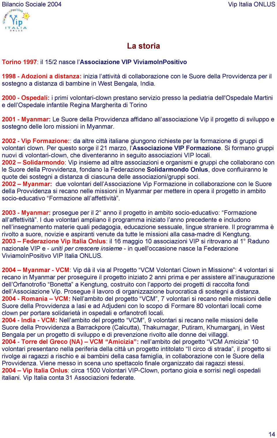 2000 - Ospedali: i primi volontari-clown prestano servizio presso la pediatria dell'ospedale Martini e dell Ospedale infantile Regina Margherita di Torino 2001 - Myanmar: Le Suore della Provvidenza