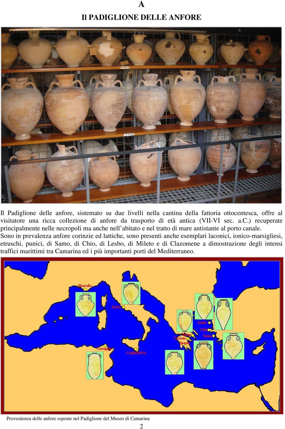 Sono in prevalenza anfore corinzie ed lattiche, sono presenti anche esemplari laconici, ionico-marsigliesi, etruschi, punici, di Samo, di Chio, di Lesbo, di Mileto e di