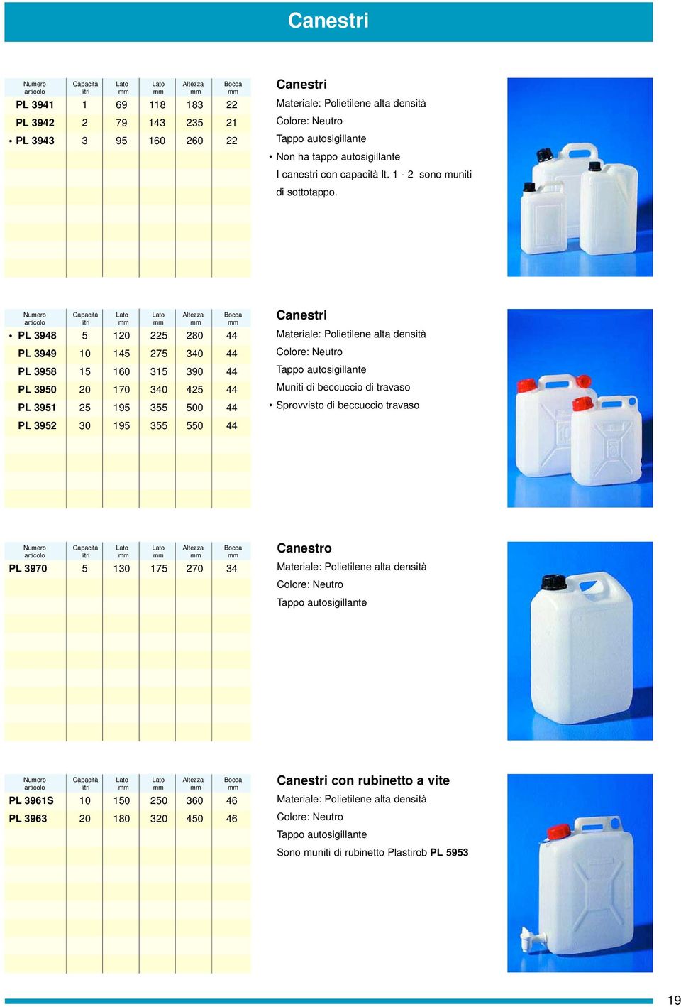 Capacità Lato Lato Altezza Bocca litri mm mm mm mm PL 3948 5 120 225 280 44 PL 3949 10 145 275 340 44 PL 3958 15 160 315 390 44 PL 3950 20 170 340 425 44 PL 3951 25 195 355 500 44 PL 3952 30 195 355