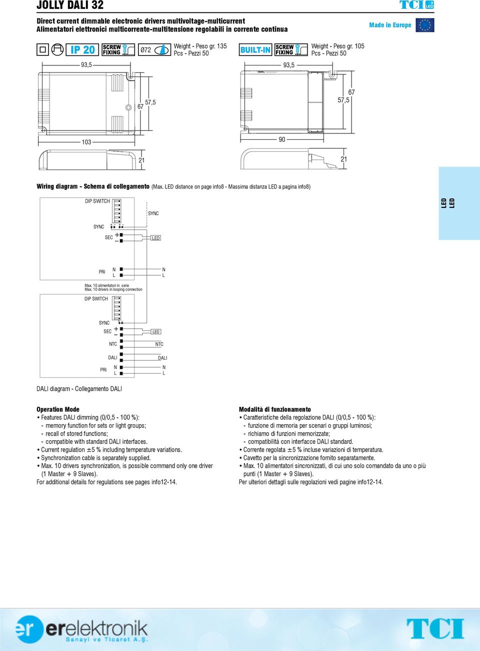 distance on page info8 - Massima distanza a pagina info8) DIP SWITCH SYC SYC DIP SWITCH SYC TC DAI TC DAI DAI diagram - Collegamento DAI Operation Mode Features DAI dimming (0/0,5-100 %): - memory