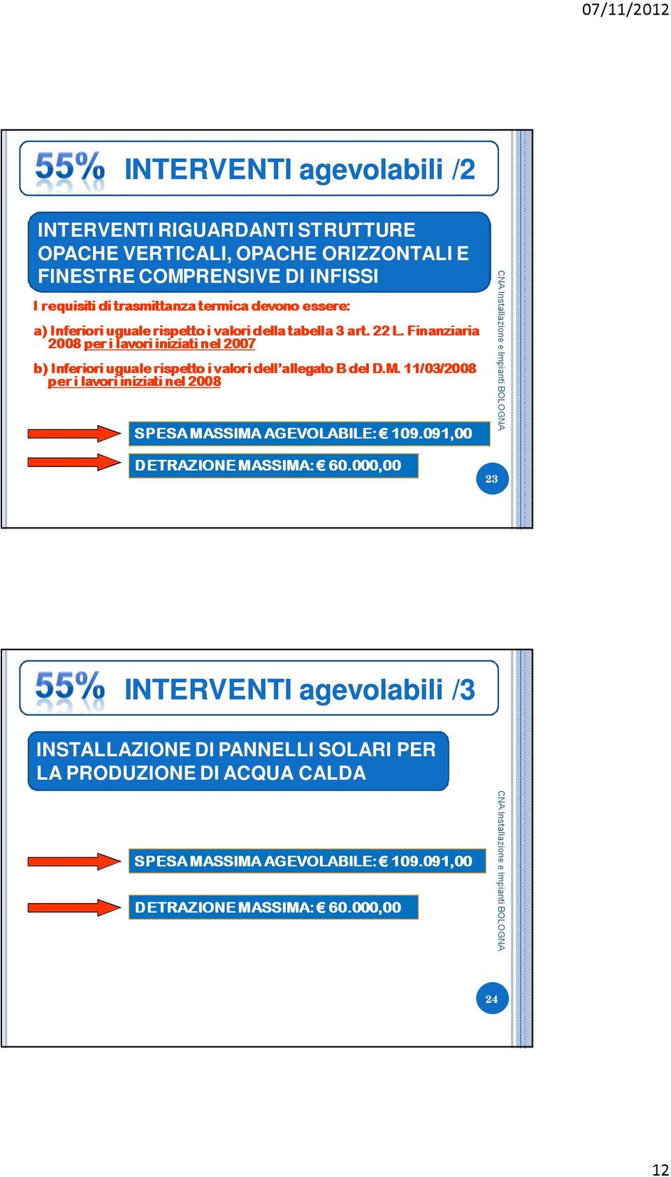 Finanziaria 2008 per i lavori iniziati nel 2007 b) Inferiori uguale rispetto i valori dell allegato B del D.M.