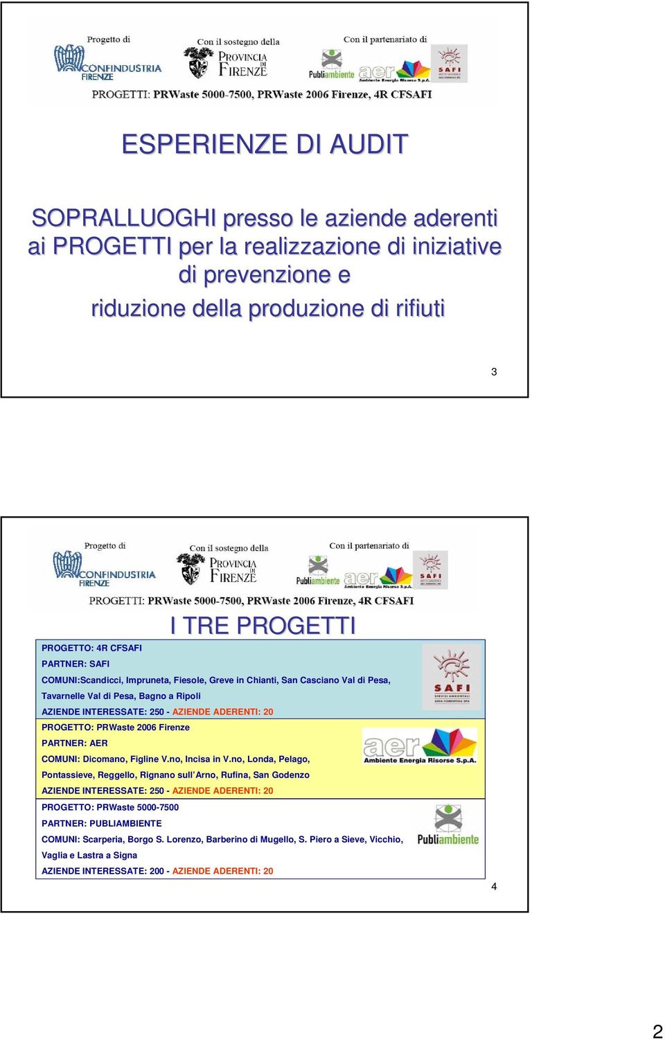 PRWaste 2006 Firenze PARTNER: AER COMUNI: Dicomano, Figline V.no, Incisa in V.