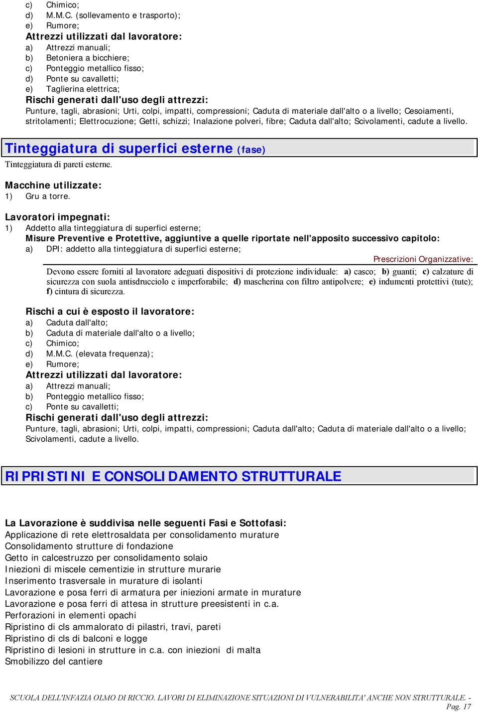 Elettrocuzione; Getti, schizzi; Inalazione polveri, fibre; Caduta dall'alto; Scivolamenti, cadute a livello. Tinteggiatura di superfici esterne (fase) Tinteggiatura di pareti esterne.