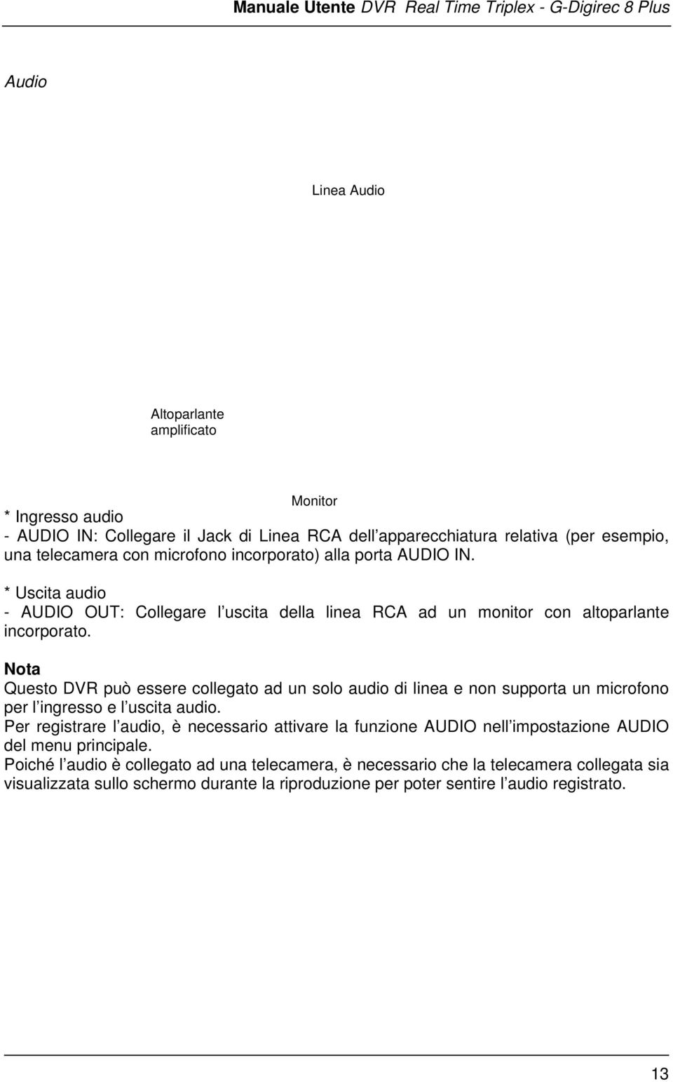 Nota Questo DVR può essere collegato ad un solo audio di linea e non supporta un microfono per l ingresso e l uscita audio.