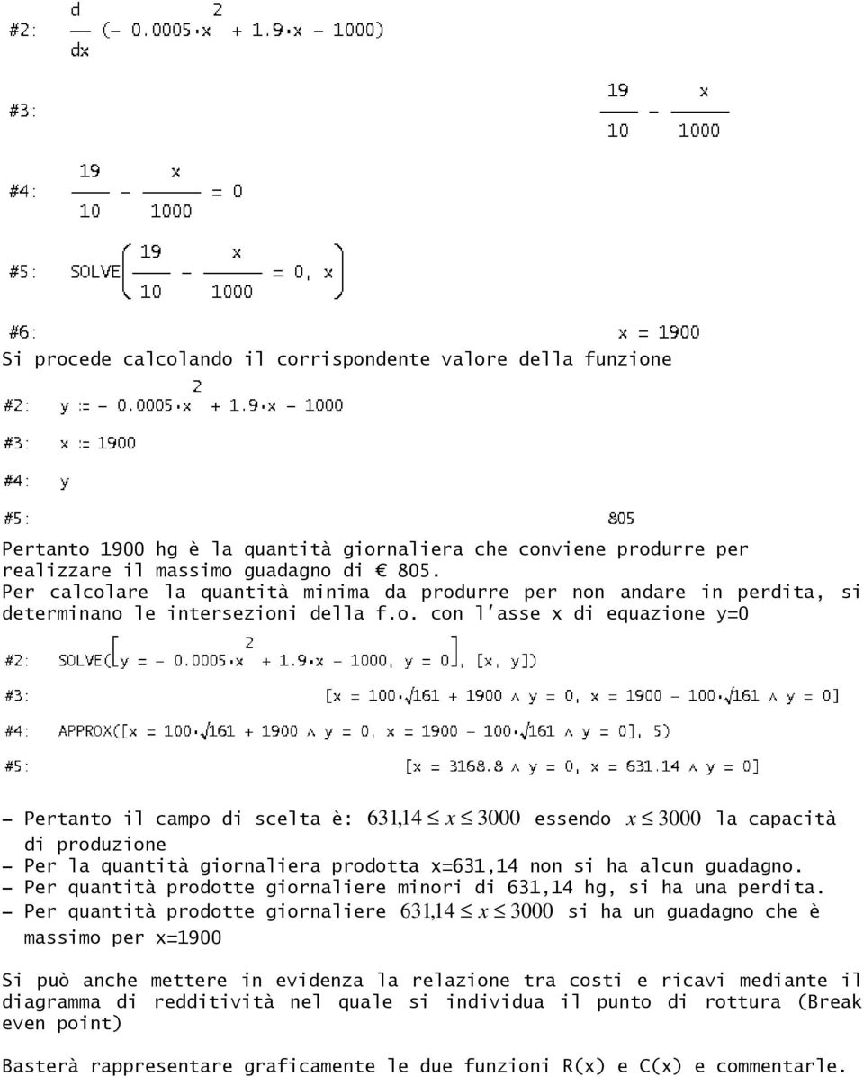 - Per quantità prodotte giornaliere minori di 631,14 hg, si ha una perdita.