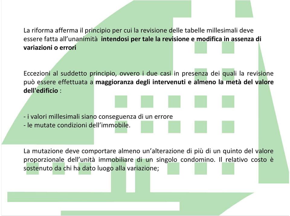 almeno la metà del valore dell'edificio: -i valori millesimali siano conseguenza di un errore -le mutate condizioni dell immobile.