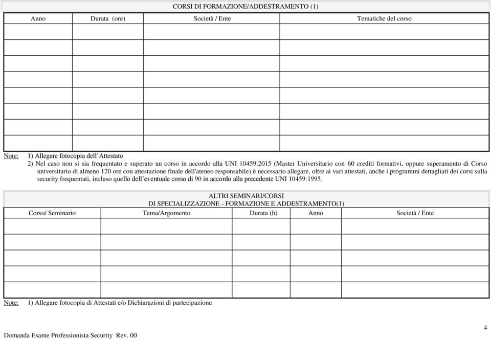 allegare, oltre ai vari attestati, anche i programmi dettagliati dei corsi sulla security frequentati, incluso quello dell eventuale corso di 90 in accordo alla precedente UNI 10459:1995.