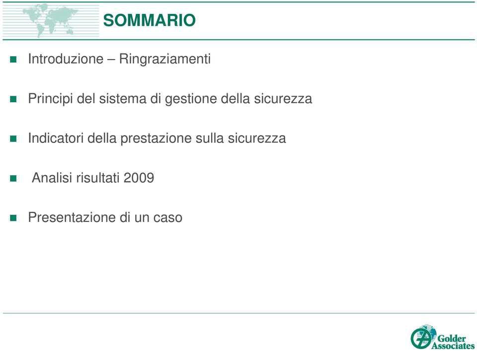 sicurezza Indicatori della prestazione sulla