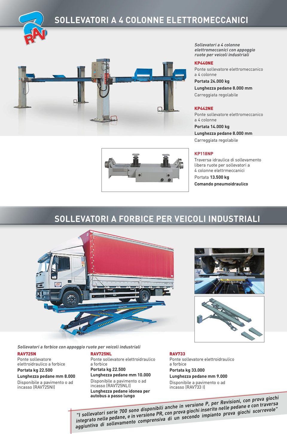 500 kg Comando pneumoidraulico SOLLEVATORI A FORBICE PER VEICOLI INDUSTRIALI Sollevatori a forbice con appoggio ruote per veicoli industriali RAV725N elettroidraulico a forbice Portata kg 22.