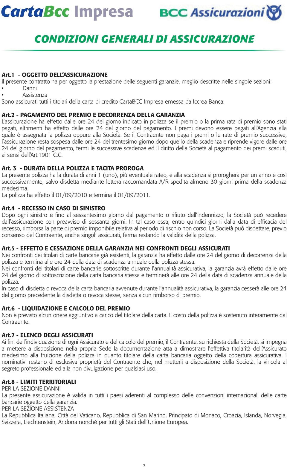 della carta di credito CartaBCC Impresa emessa da Iccrea Banca. Art.