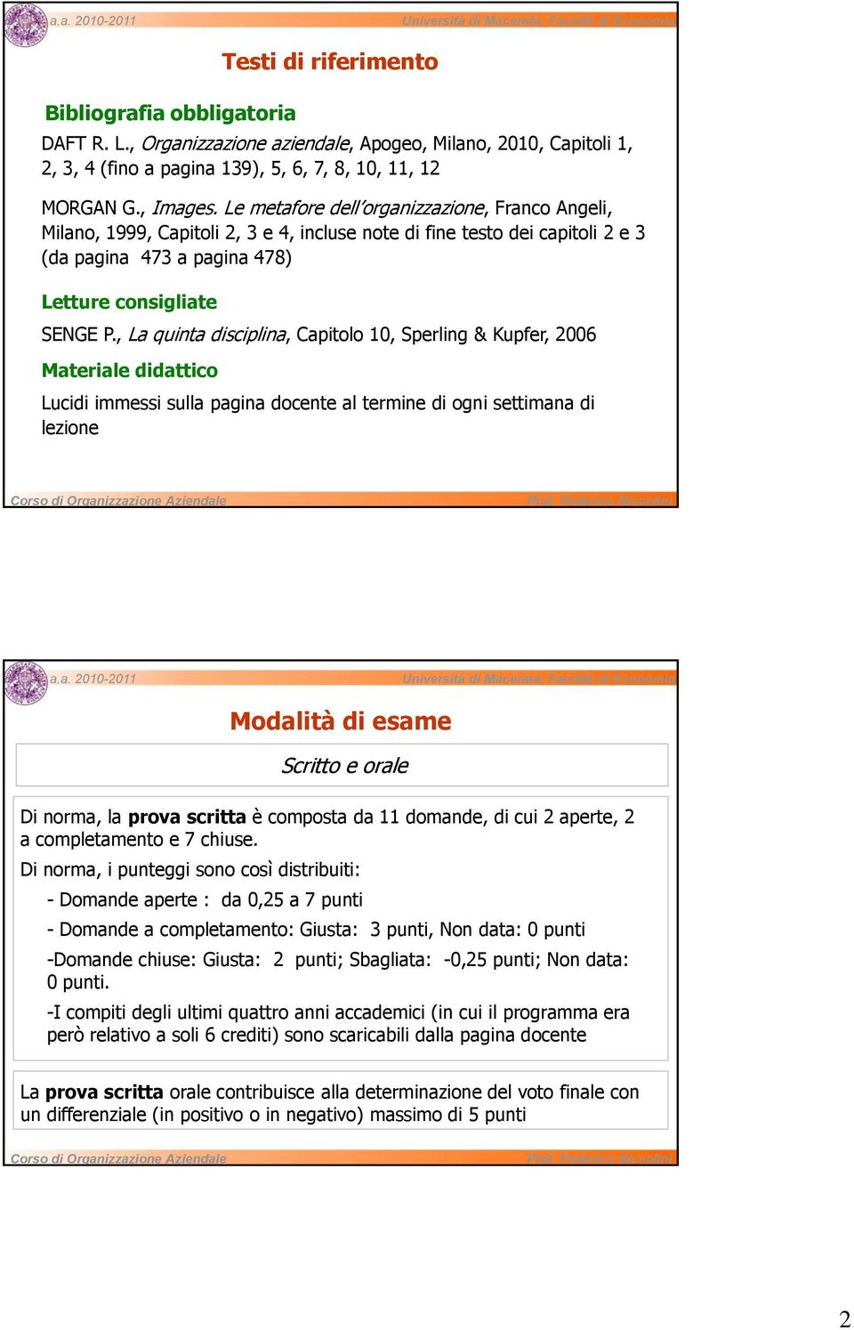 , La quinta disciplina, Capitolo 10, Sperling & Kupfer, 2006 Materiale didattico Lucidi immessi sulla pagina docente al termine di ogni settimana di lezione Modalità di esame Scritto e orale Di