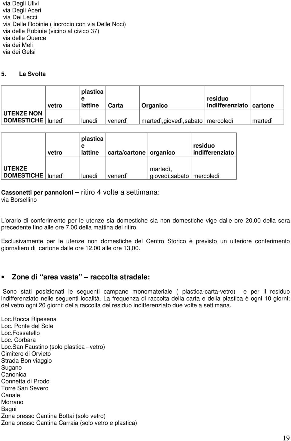 carta/cartone organico residuo indifferenziato UTENZE DOMESTICHE lunedì lunedì venerdì martedì, giovedì,sabato mercoledì Cassonetti per pannoloni ritiro 4 volte a settimana: via Borsellino L orario