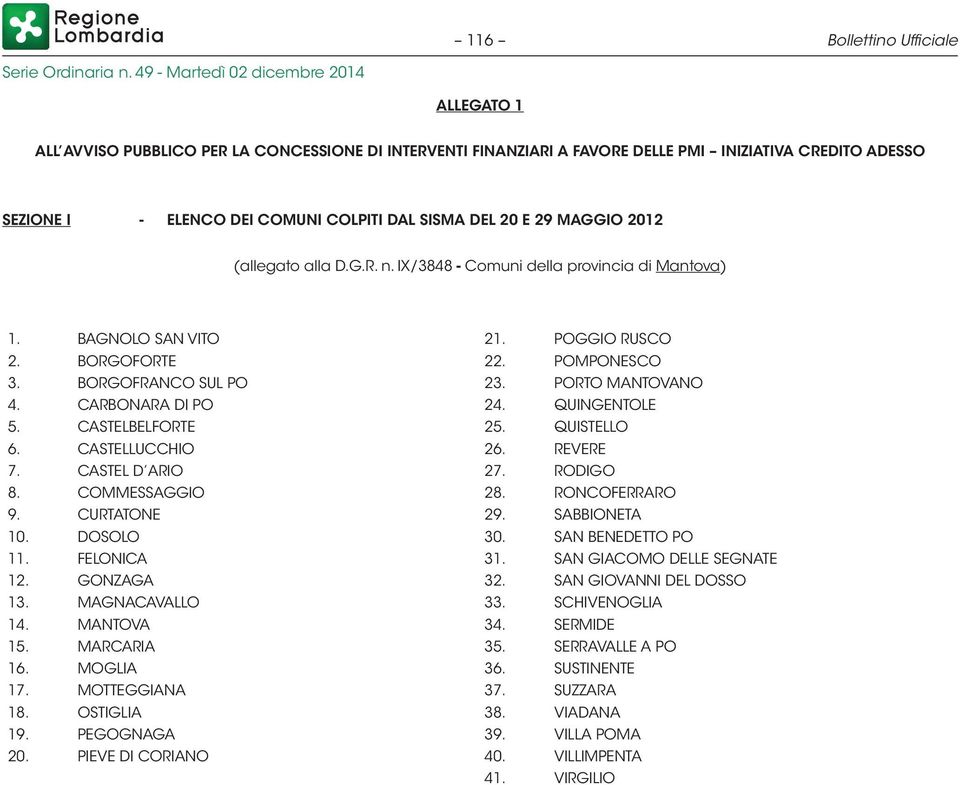 CARBONARA DI PO 24. QUINGENTOLE 5. CASTELBELFORTE 25. QUISTELLO 6. CASTELLUCCHIO 26. REVERE 7. CASTEL D ARIO 27. RODIGO 8. COMMESSAGGIO 28. RONCOFERRARO 9. CURTATONE 29. SABBIONETA 10. DOSOLO 30.