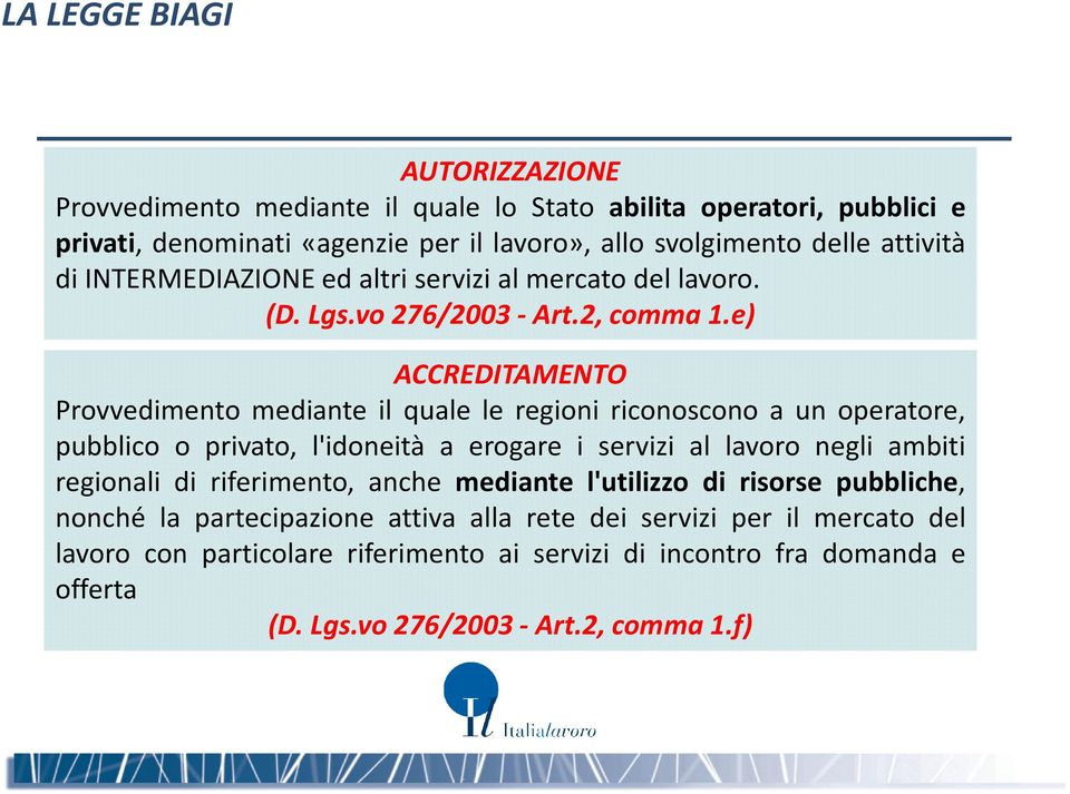 e) ACCREDITAMENTO Provvedimento mediante il quale le regioni riconoscono a un operatore, pubblico o privato, l'idoneità a erogare i servizi al lavoro negli ambiti regionali di