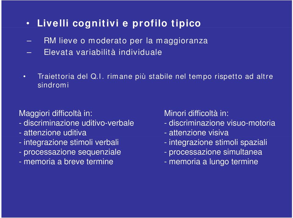 uditiva - integrazione stimoli verbali - processazione sequenziale - memoria a breve termine Minori difficoltà in: -