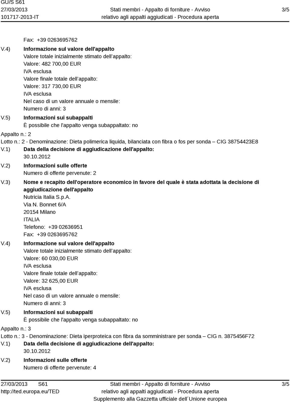 1) Data della decisione di : Numero di offerte pervenute: 2 Nutricia Italia S.p.A.