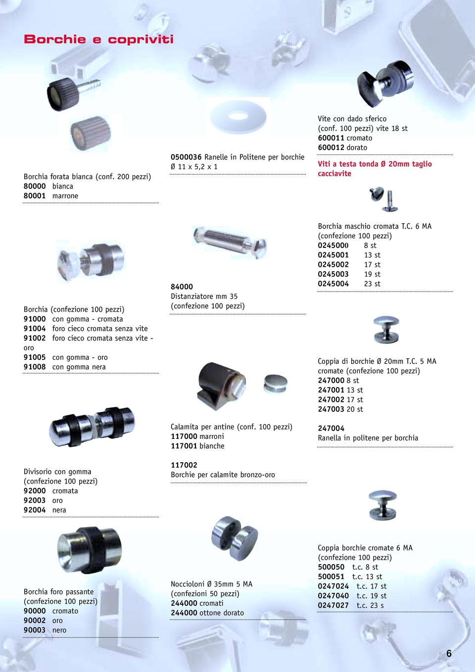 cieco cromata senza vite - oro 91005 con gomma - oro 91008 con gomma nera Divisorio con gomma (confezione 100 pezzi) 92000 cromata 92003 oro 92004 nera 84000 Distanziatore mm 35 (confezione 100