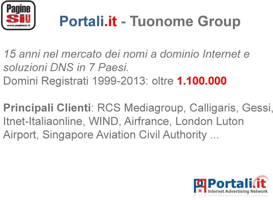 soluzioni DNS in 7 Paesi. Domini Registrati 1999-2013: oltre 1.100.