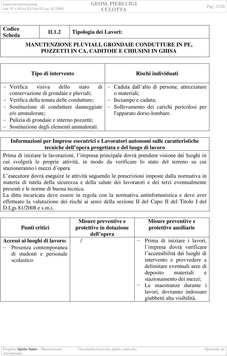 2 Tipologia dei Lavori: MANUTENZIONE PLUVIALI, GRONDAIE CONDUTTURE IN PE, POZZETTI IN CA, CADITOIE E CHIUSINI IN GHISA Tipo di intervento Verifica visiva dello stato di conservazione di grondaie e