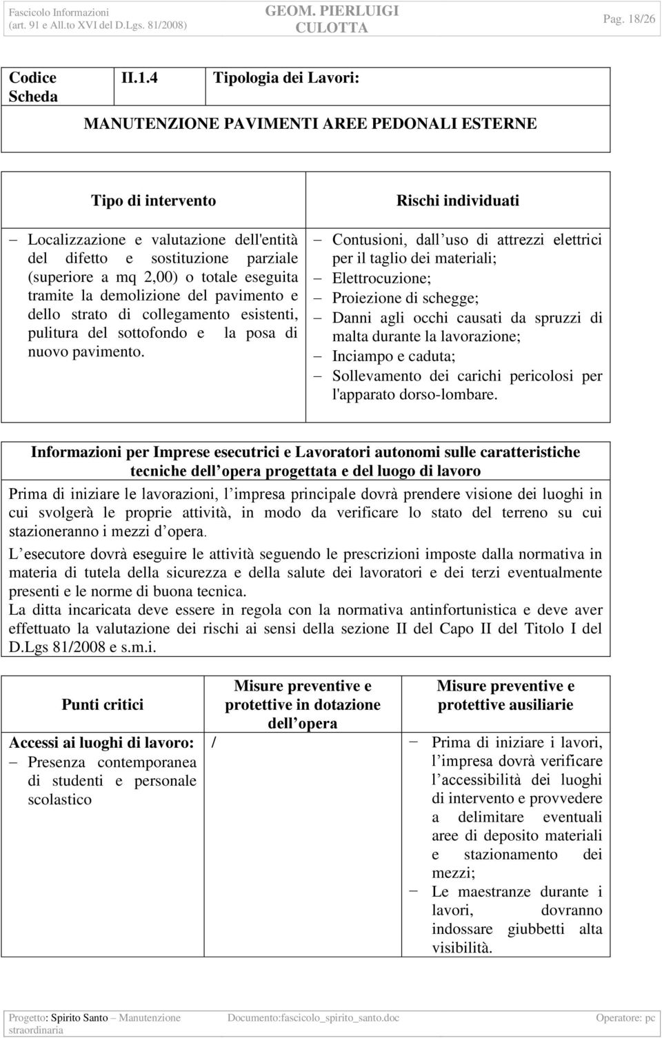 4 Tipologia dei Lavori: MANUTENZIONE PAVIMENTI AREE PEDONALI ESTERNE Tipo di intervento Localizzazione e valutazione dell'entità del difetto e sostituzione parziale (superiore a mq 2,00) o totale