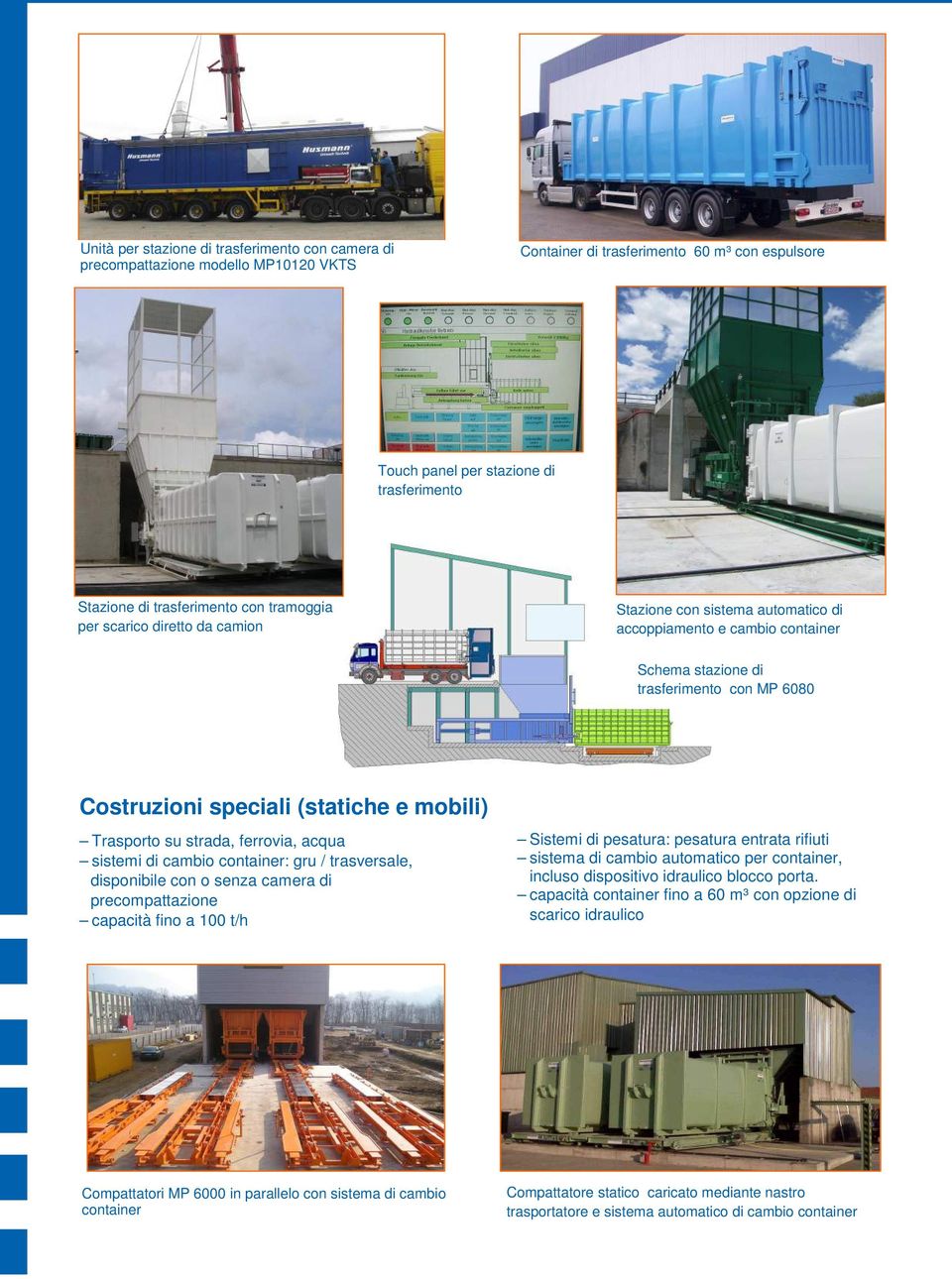 (statiche e mobili) Trasporto su strada, ferrovia, acqua sistemi di cambio container: gru / trasversale, disponibile con o senza camera di precompattazione capacità fino a 100 t/h Sistemi di