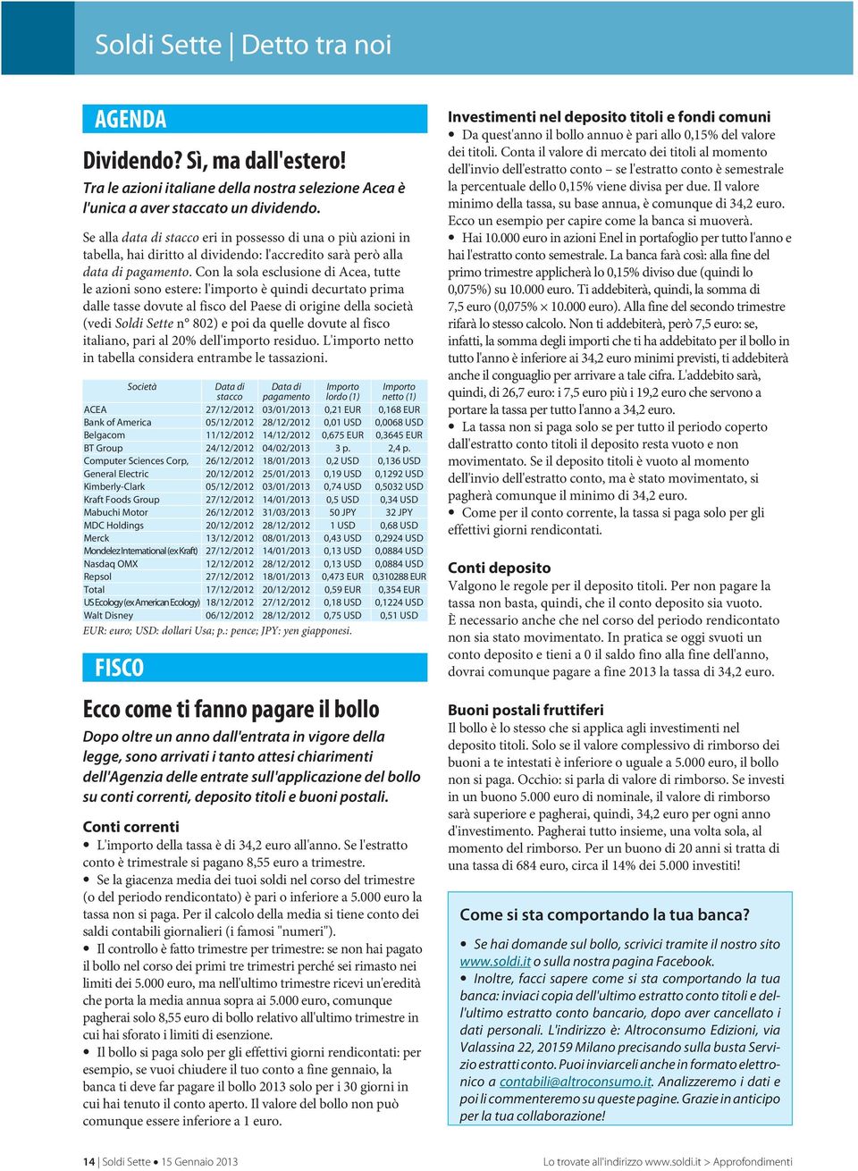 Con la sola esclusione di Acea, tutte le azioni sono estere: l'importo è quindi decurtato prima dalle tasse dovute al fisco del Paese di origine della società (vedi Soldi Sette n 802) e poi da quelle