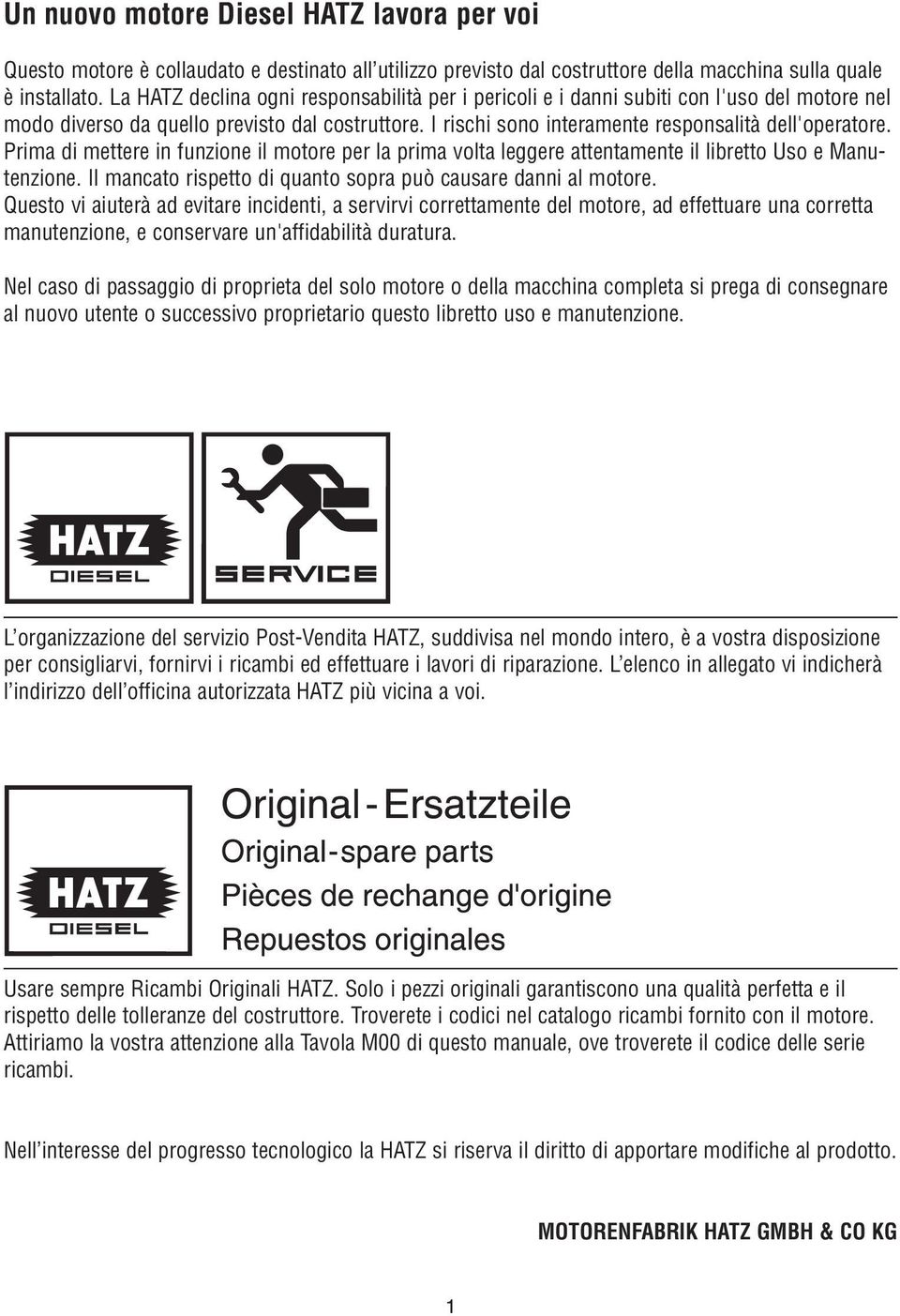 Prima di mettere in funzione il motore per la prima volta leggere attentamente il libretto Uso e Manutenzione. Il mancato rispetto di quanto sopra può causare danni al motore.