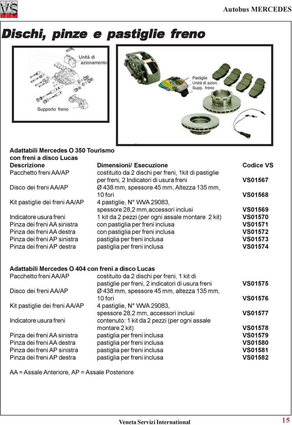 per freni, 2 Indicatori di usura freni VS01567 Disco dei freni AA/AP Ø 438 mm, spessore 45 mm, Altezza 135 mm, 10 fori VS01568 Kit pastiglie dei freni AA/AP 4 pastiglie, N WVA 29083, spessore 28,2