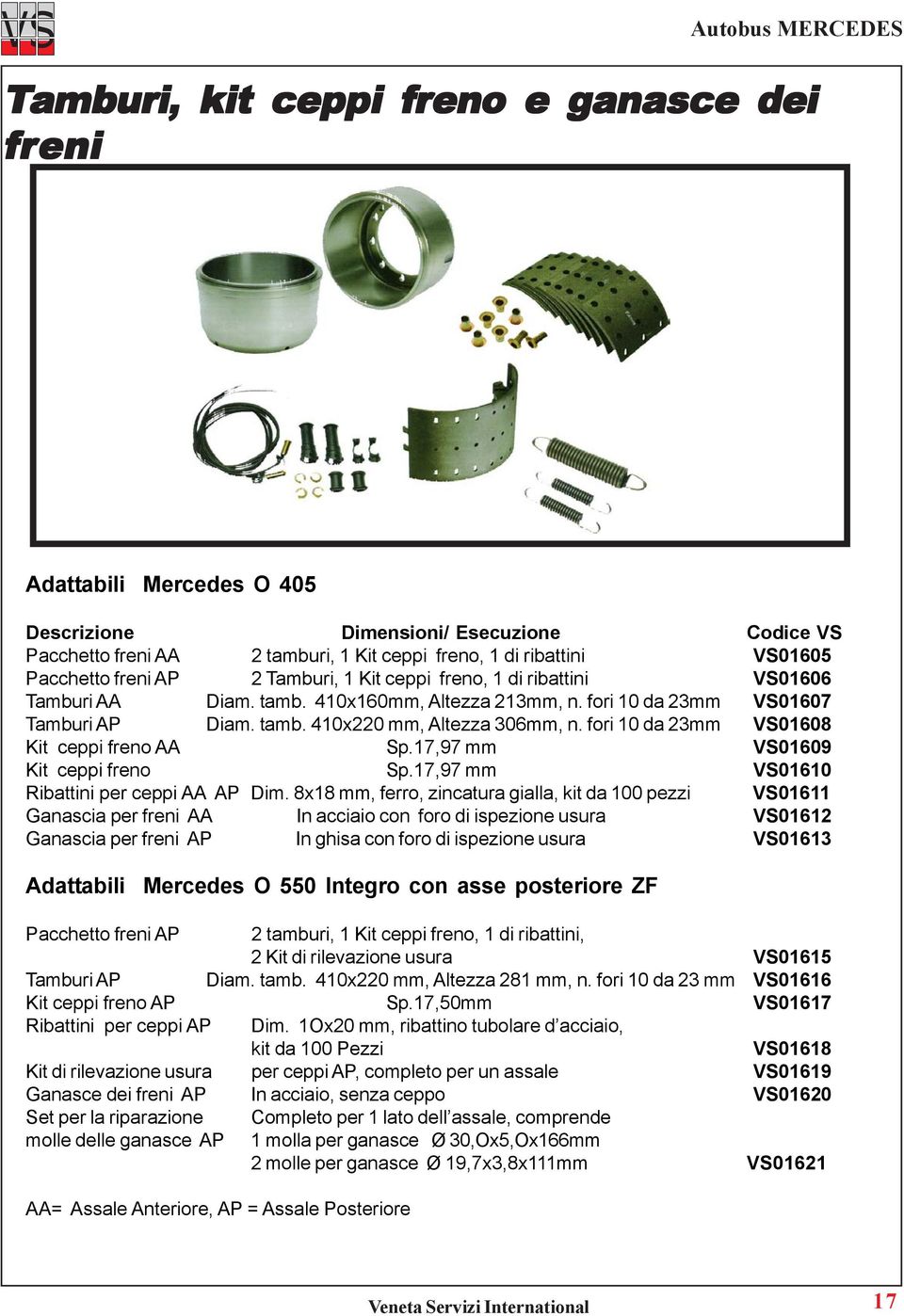 fori 10 da 23mm VS01608 Kit ceppi freno AA Sp.17,97 mm VS01609 Kit ceppi freno Sp.17,97 mm VS01610 Ribattini per ceppi AA AP Dim.