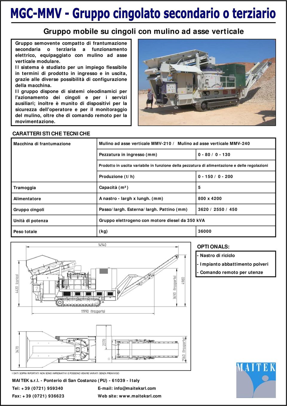 Il gruppo dispone di sistemi oleodinamici per l'azionamento dei cingoli e per i servizi ausiliari; inoltre è munito di dispositivi per la sicurezza dell'operatore e per il monitoraggio del mulino,