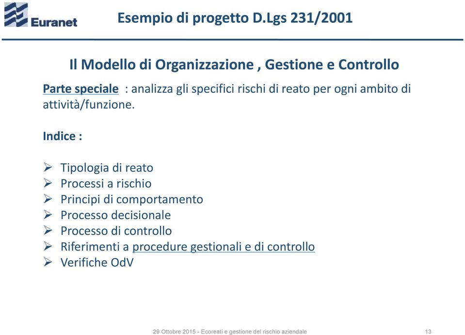 Indice : Il Modello di Organizzazione, Gestione e Controllo Tipologia di reato Processi a rischio