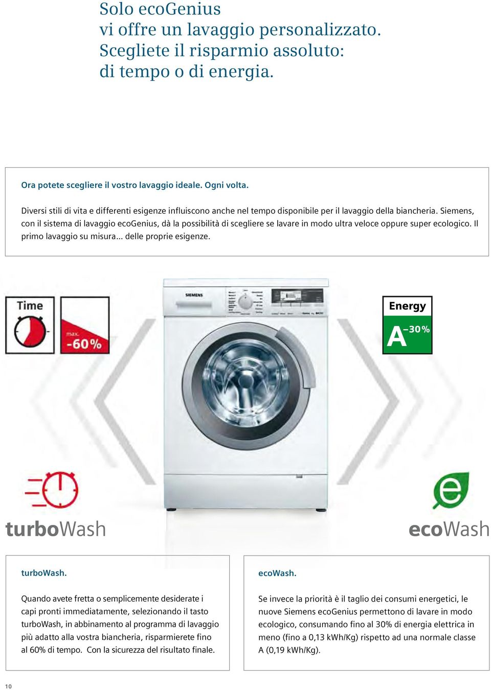 Siemens, con il sistema di lavaggio ecogenius, dà la possibilità di scegliere se lavare in modo ultra veloce oppure super ecologico. Il primo lavaggio su misura... delle proprie esigenze.