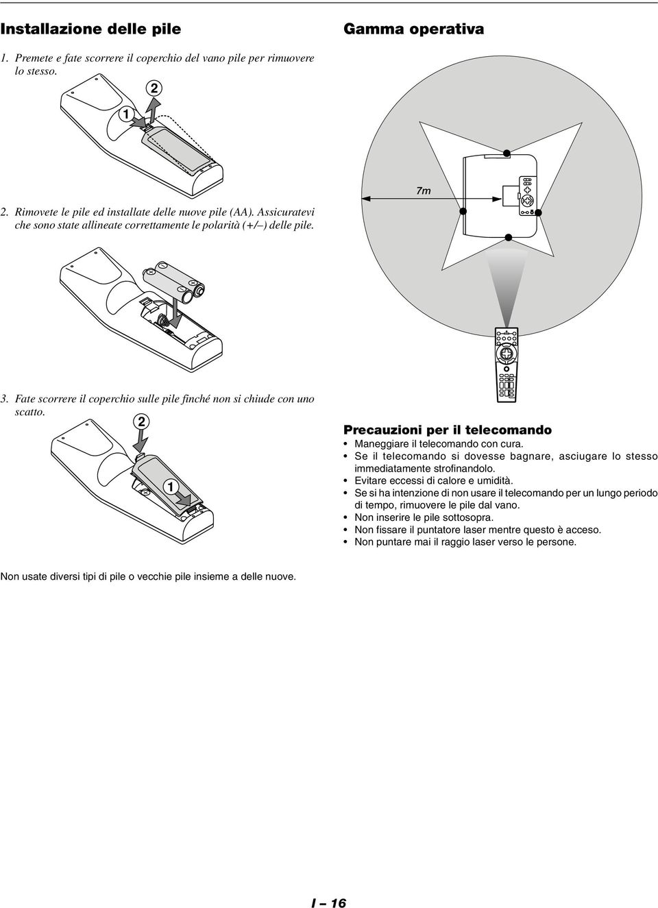 Precauzioni per il telecomando Maneggiare il telecomando con cura. Se il telecomando si dovesse bagnare, asciugare lo stesso immediatamente strofinandolo. Evitare eccessi di calore e umidità.