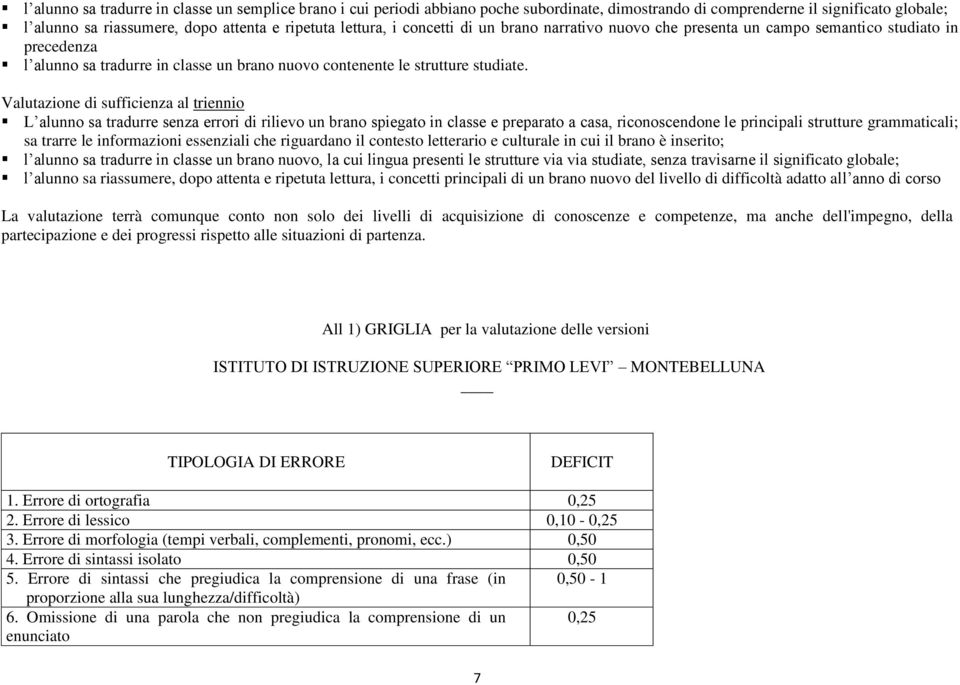 Valutazione di sufficienza al triennio L alunno sa tradurre senza errori di rilievo un brano spiegato in classe e preparato a casa, riconoscendone le principali strutture grammaticali; sa trarre le