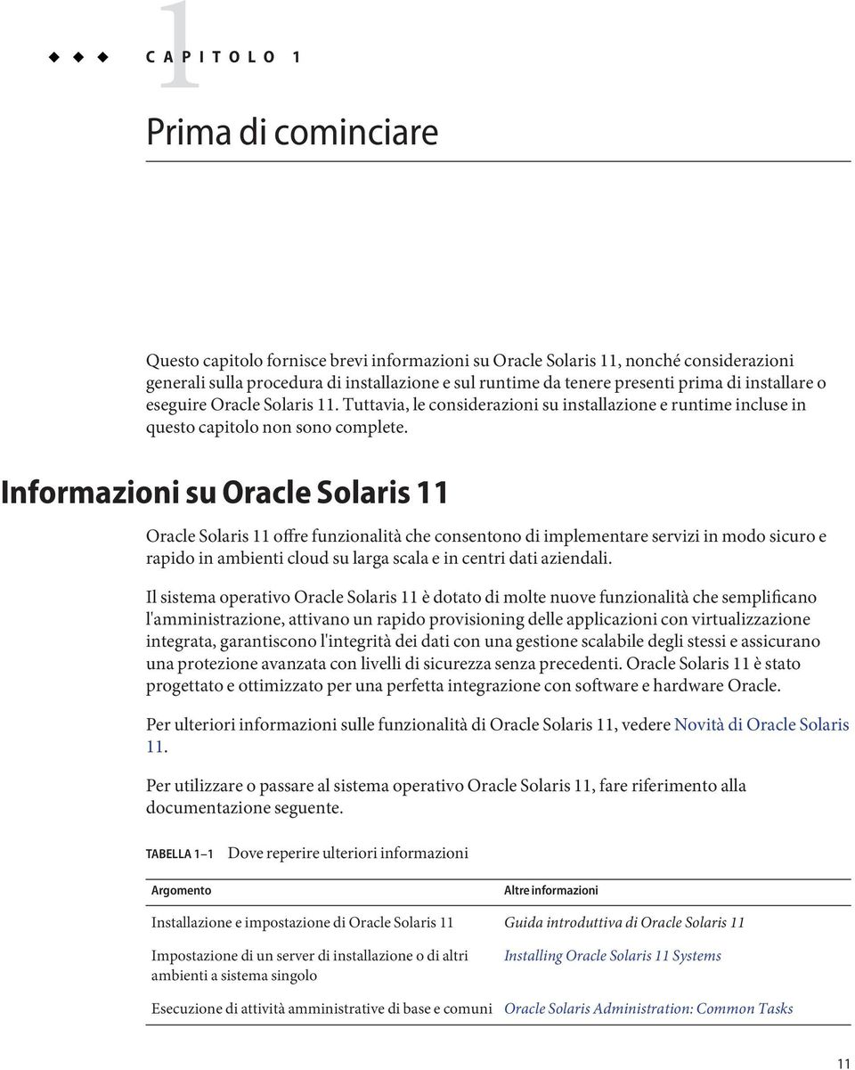 Informazioni su Oracle Solaris 11 Oracle Solaris 11 offre funzionalità che consentono di implementare servizi in modo sicuro e rapido in ambienti cloud su larga scala e in centri dati aziendali.