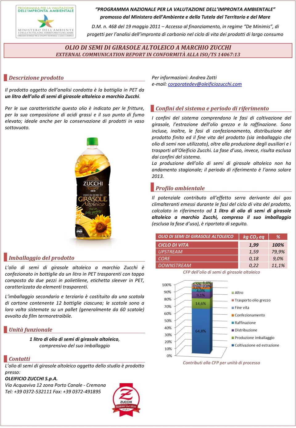 ALTOLEICO A MARCHIO ZUCCHI EXTERNAL COMMUNICATION REPORT IN CONFORMITÀ ALLA ISO/TS 14067:13 Descrizione prodotto Il prodotto oggetto dell analisi condotta è la bottiglia in PET da un litro dell olio