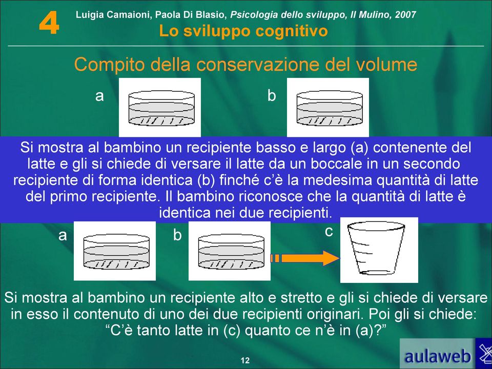 Il bambino riconosce che la quantità di latte è identica nei due recipienti.