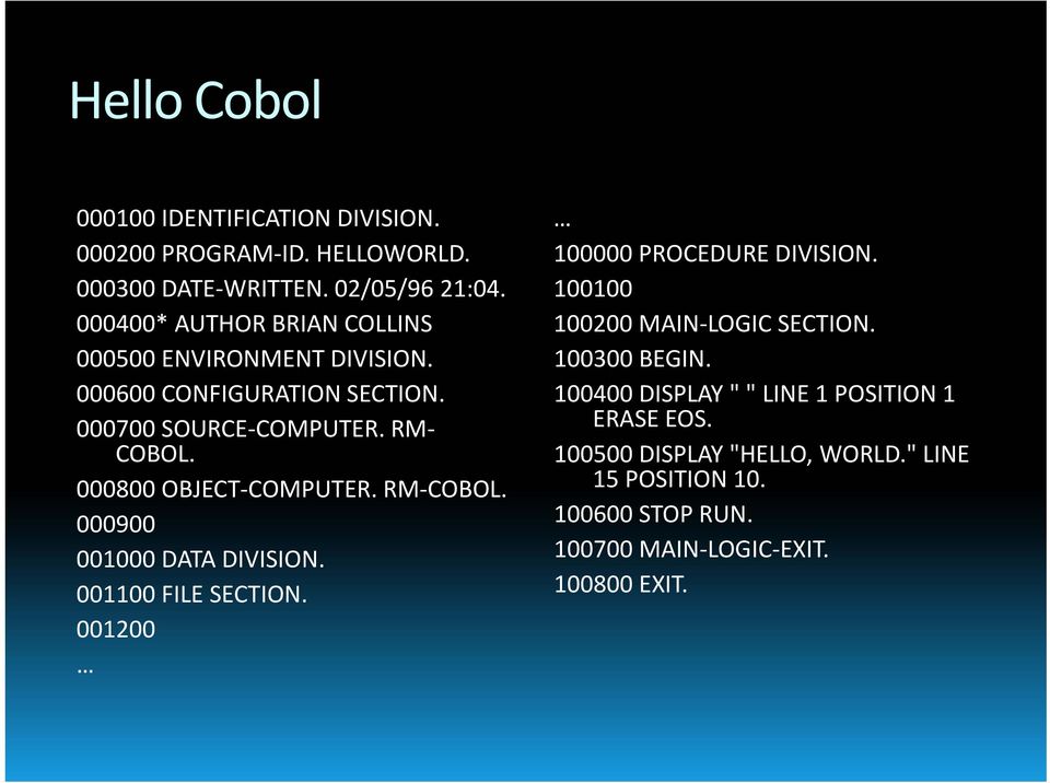 000800 OBJECT COMPUTER. RM COBOL. 000900 001000 DATA DIVISION. 001100 FILE SECTION. 001200 100000 PROCEDURE DIVISION.