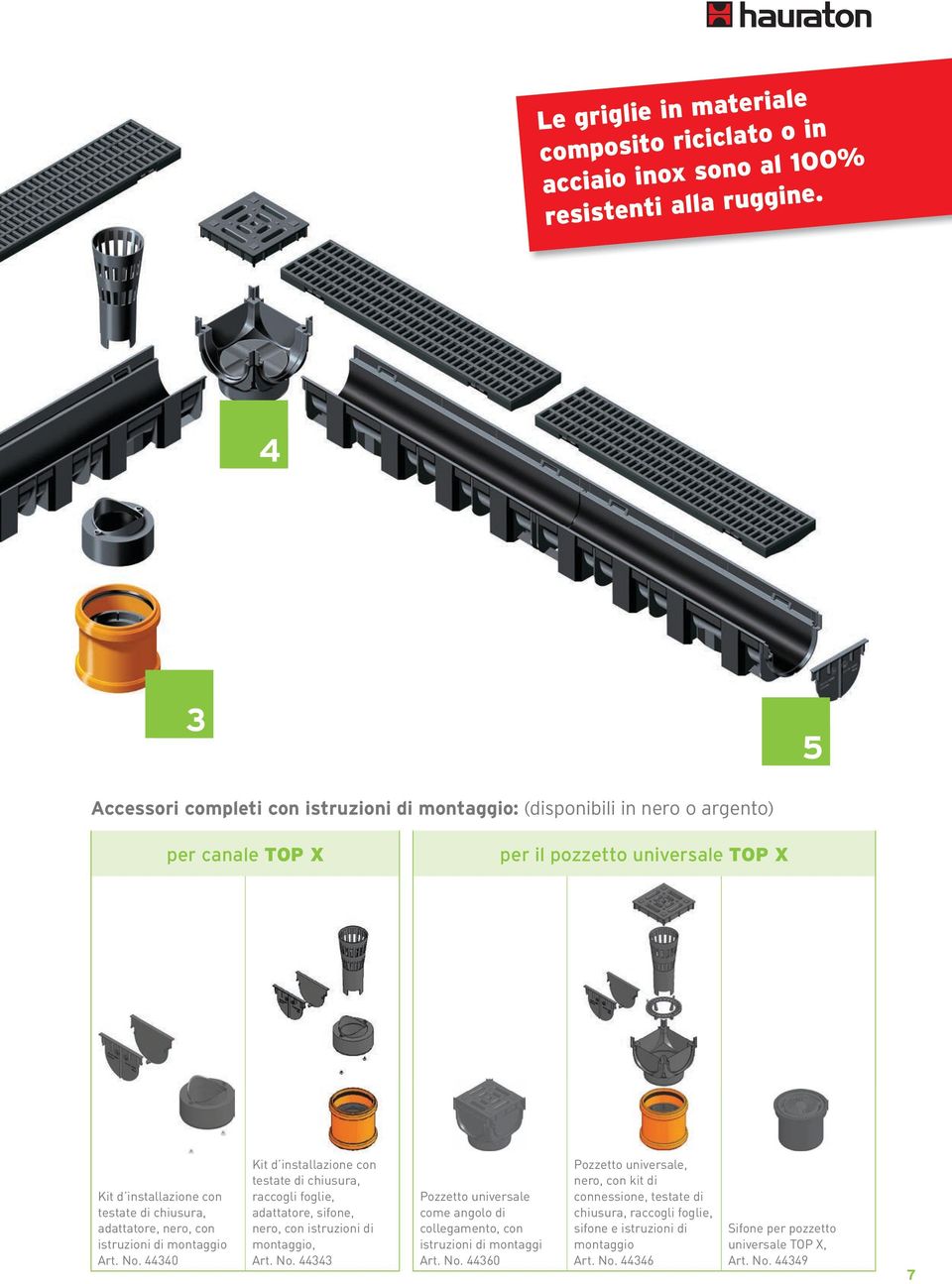 adattatore, nero, con istruzioni di montaggio Art. No. 44340 Kit d installazione con testate di chiusura, raccogli foglie, adattatore, sifone, nero, con istruzioni di montaggio, Art. No. 44343 Pozzetto universale come angolo di collegamento, con istruzioni di montaggi Art.