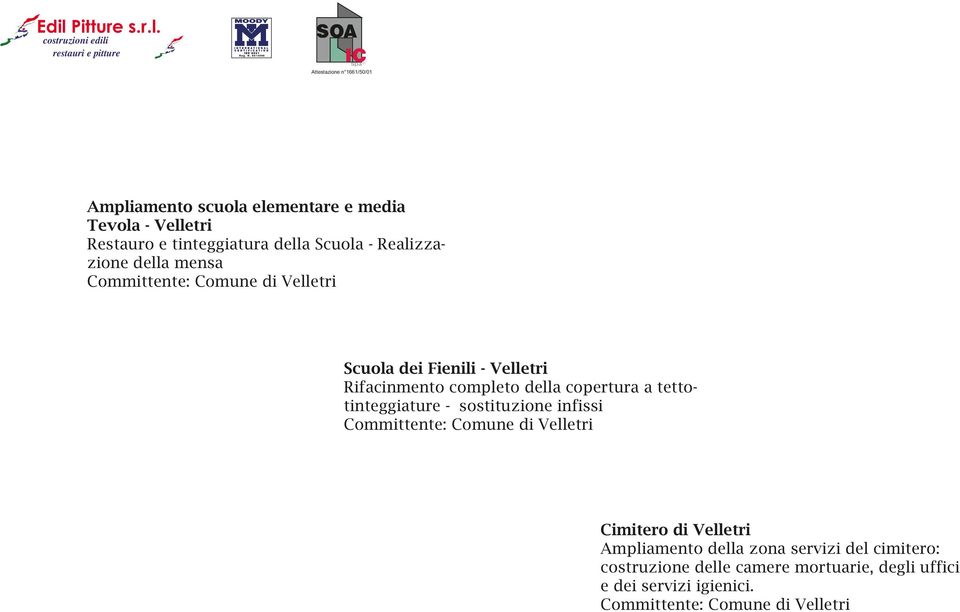 tettotinteggiature - sostituzione infissi Committente: Comune di Velletri Cimitero di Velletri Ampliamento della