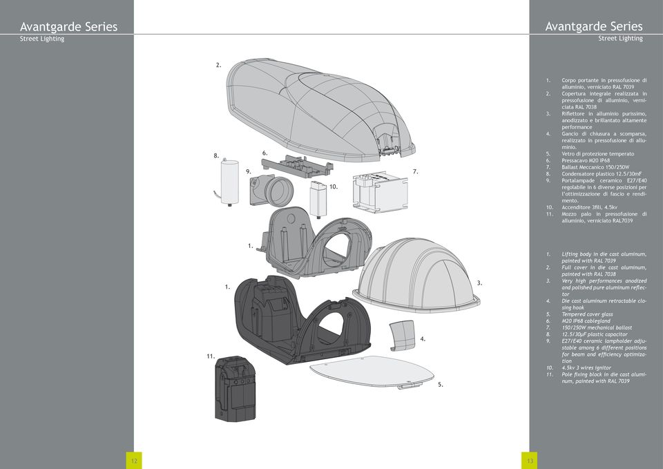 1 Corpo portante in pressofusione di alluminio, verniciato RAL 7039 Copertura integrale realizzata in pressofusione di alluminio, verniciata RAL 7038 Riflettore in alluminio purissimo, anodizzato e