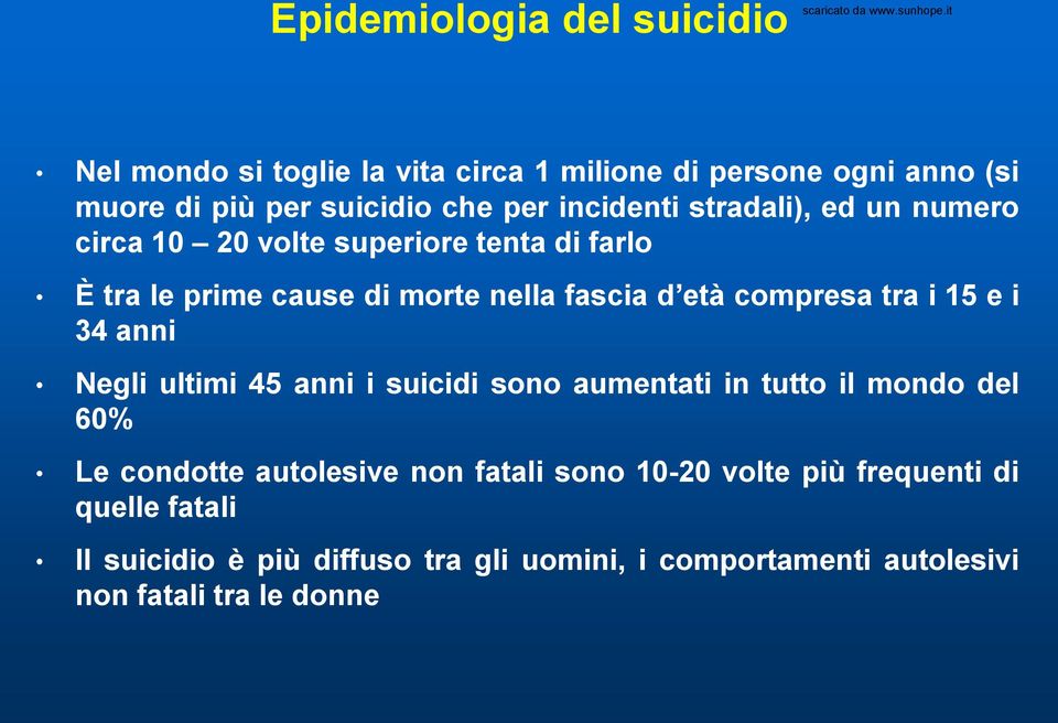 compresa tra i 15 e i 34 anni Negli ultimi 45 anni i suicidi sono aumentati in tutto il mondo del 60% Le condotte autolesive non