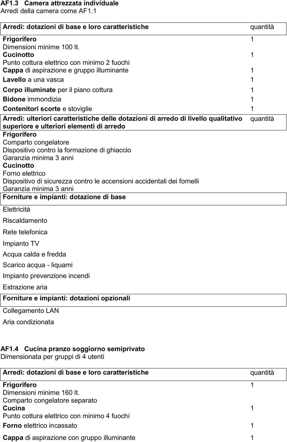 scorte e stoviglie 1 Arredi: ulteriori caratteristiche delle dotazioni di arredo di livello qualitativo quantità superiore e ulteriori elementi di arredo Frigorifero Comparto congelatore Dispositivo