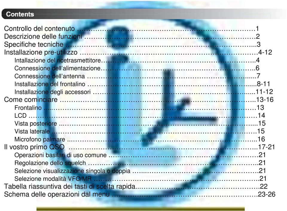 .13-16 Frontalino..... 13 LCD. 14 Vista posteriore......15 Vista laterale...15 Microfono palmare......16 Il vostro primo QSO..17-21 Operazioni basilari di uso comune.